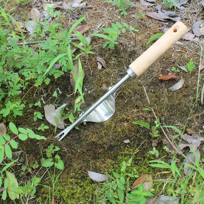 Unkrautstecher mit Holzgriff und V-Gabel aus Edelstahl, für Unkraut und Wurzeln